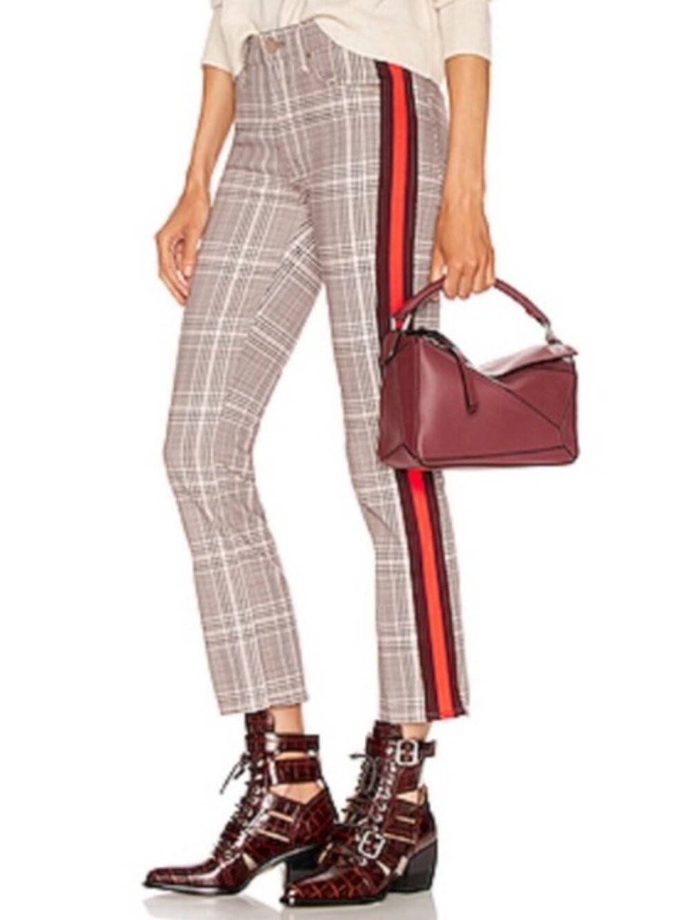 MOTHER The Insider Plaid Ankle Kick Flair Cropped Pants 28 Plum Pink. NWT